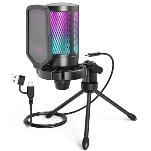 FIFINE Microfone USB Para Jogos Para PS5 PC, Microfone Condensador Com Mudo Rápido, Indicador RGB, Suporte De Tripé, Pop Filter, Suporte De Choque, Controle De Ganho Para Twitch Podcasts -A6V