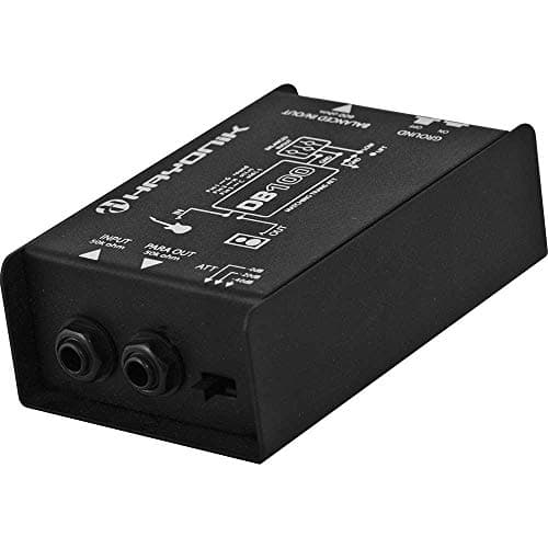 Direct Box Passivo Hayonik DB100 Preto, caixa de som, entrada e saída de sinal, ícone de guitarra