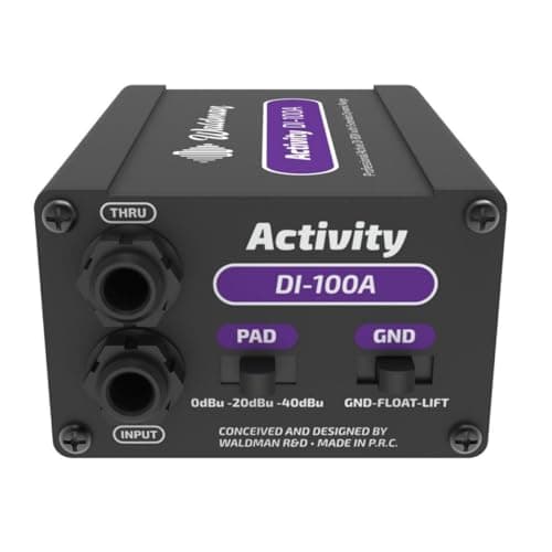 Direct Box Waldman Activity DI-100A Ativo, caixa preta com rótulos violeta e branco.