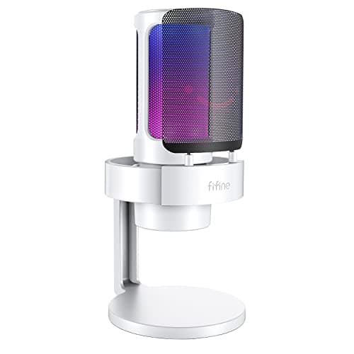 FIFINE Microfone RGB para computador jogos USB transmissão ao vivo, reuniões, podcasts, vídeo, microfone condensador com conector de monitoramento de fone de ouvido,para Mac OS/Windows- A8 branco