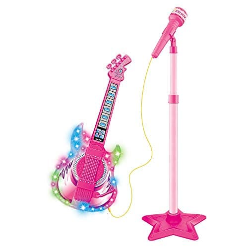 Guitarra infantil rosa com microfone e pedestal da DM Toys