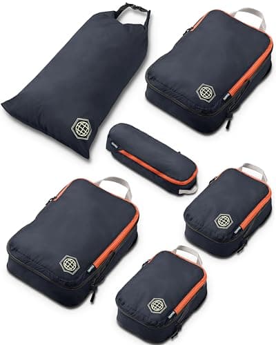 Conjunto de 6 cubos de compressão para viagem - organizador de roupas leve e durável para bagagem de mão e mochilas da TRIPPED Travel Gear (cinza e laranja)