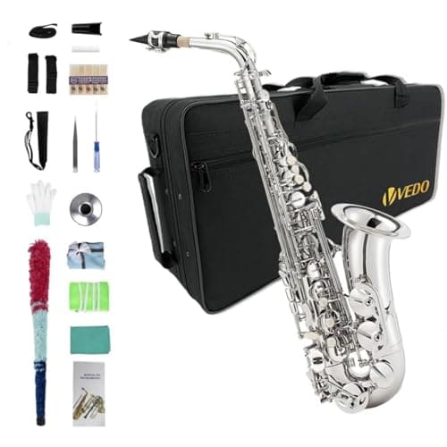 VEDO Saxofone alto em Mi, prateado, laca, nível profissional, iniciantes e estudantes, laca prateado antiderrapante, chaves em madrepérola e conjunto completo de acessórios