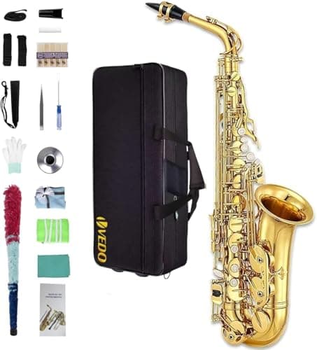 VEDO Saxofone alto em Mib, Acabamento em Laca Dourada, saxofone para iniciantes, saxofone para estudantes, saxofone alto, Estojo e Kit de Limpeza, completo de acessórios
