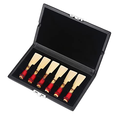 Estojo de armazenamento de palhetas de fagote, couro sintético 128 x 80 x 22 mm, caixa protetora com 6 compartimentos, suporte forrado macio, recipiente com fivela