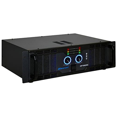 Amplificador de potência Oneal OP-3600 com controles de volume rotativos e indicadores LED coloridos