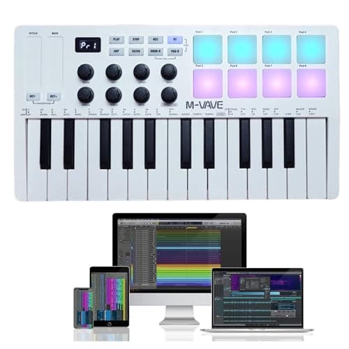 Controlador de teclado MIDI USB M-WAVE de 25 teclas com 8 pads de bateria retroiluminados, teclado dinâmico profissional semipesado Bluetooth, 8 botões e produção musical, software incluído (branco)