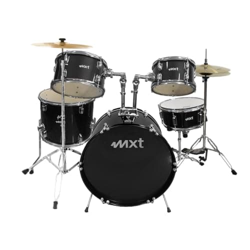 MXT Bateria Acústica, 5 Peças, Bumbo 20" x 16", Tons 10" e 12", Surdo 14", Caixa 14", Pretos com Ferragens Cromadas
