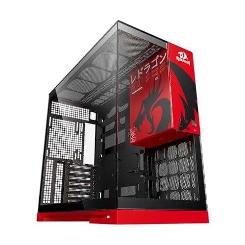 Gabinete Gamer Geometric Future Model 5 Redragon Spec Preto e Vermelho ATX Sem Fans Plataforma para Action Figures Painéis Vidro Temperado Duplo GEO-M5-RD