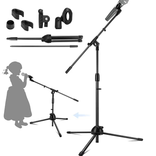 Suporte de microfone Bahkol com regulagem de altura e cachimbo, preto, com microfone e acessórios