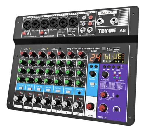 A8 Console de mistura,8 Canais Mixer Profissional para Shows ao Vivo, Karaokê - USB/Bluetooth, Efeito de Reverb, Saída de Monitoração, Controle de Som Estúdio e Palco (Alimentação 110V/127V/220V)