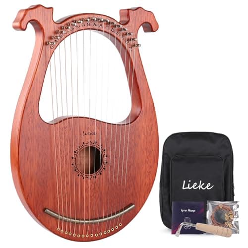 LIEKE Harpa de lira, 16 cordas de metal, corpo de mogno e sela de cobre, mini instrumento de harpa presente com chave de afinação de bolsa para músico iniciante