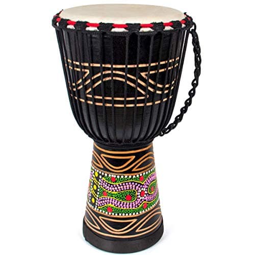 Tambor Djembe africano pintado à mão, pele de cabra de mogno, decoração colorida