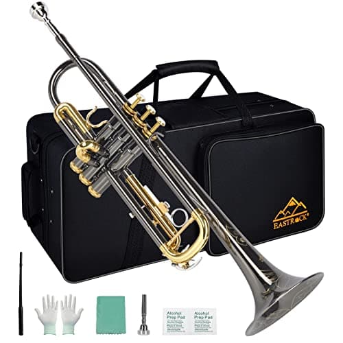 EASTROCK Conjunto de trompete padrão Bb Trumpet com estojo de transporte, luvas, bocal 7C, haste de afinação, níquel preto, artesanato esculpido à mão
