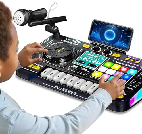 Brinquedo Eletrônico Infantil Mesa de DJ com Microfone, Piano e Luzes LED, Mixer Controlador DJ, Efeitos Sonoros e Música, Instrumento Musical Educativo, Presente de Aniversário para Crianças (Preto)