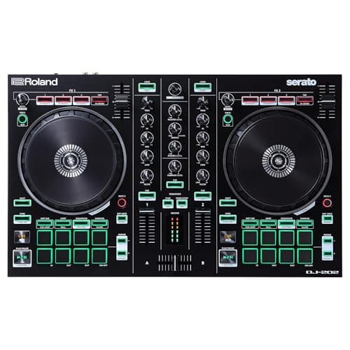 Controladora de DJ Roland DJ-202 com botões e jog wheels verdes e vermelhos