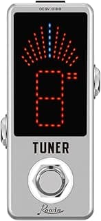 Pedal afinador cromático de guitarra Rowin, LED vermelho e azul, texto TUNER, logotipo Rowin, prateado
