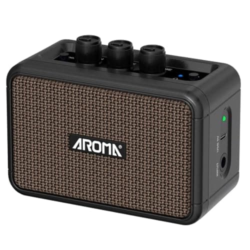 Amplificador de guitarra elétrica portátil AROMA, 5W, Bluetooth, canais clean e overdrive, preto e marrom