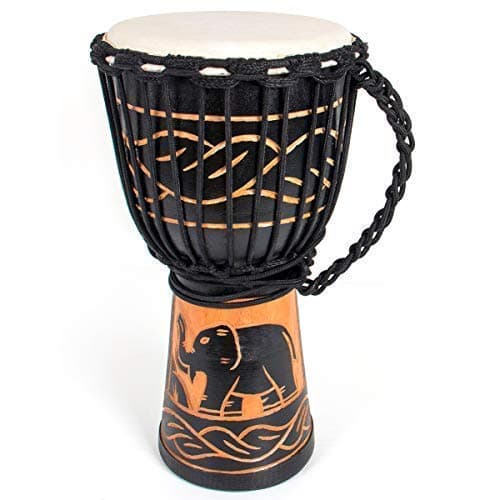 Djembe esculpido à mão com pele de cabra de mogno, 20 cm, com decoração de elefante e padrões geométricos.