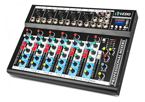 VEDO Mixer de Áudio Profissional 7 Canais VDA107L com Bluetooth, Entrada USB, Efeitos Digitais, Phantom Power +48V para Podcast, DJ, Gravação e Transmissão Ao Vivo - Mesa de Som Compacta 127/220V