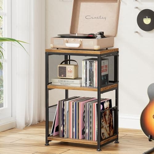 Simple Trending Mesa lateral de 3 camadas, suporte para toca-discos, suporte para toca-discos com armazenamento de discos de vinil, comporta até 100 álbuns, marrom rústico
