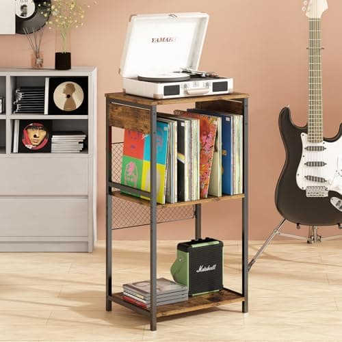 Suporte para Toca-Discos de 3 Níveis com Armazenamento de Vinil, Mesa Lateral de 3 Níveis com Cesta de Armazenamento, Armário de Exibição de Discos para Sala de Estar, Quarto, Escritório