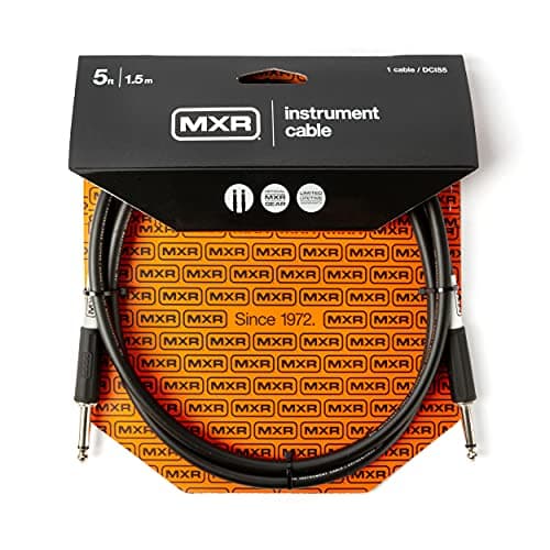 Cabo de instrumento MXR 5m e 1.5m, conectores 1/4'' pretos, fundo preto e laranja.