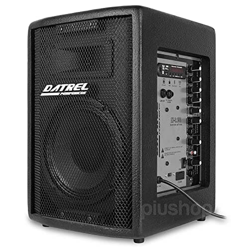Caixa de som ativa 8 polegadas 150W Datrel Bluetooth profissional, preta, com grade de metal e controles visíveis.