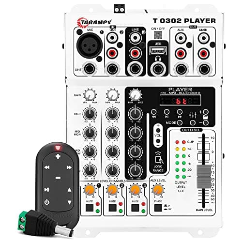 Taramps Mixer Mesa De Som T0302 Player Bluetooth USB FM Equalizador 4 bandas Branca 12v XLR P10 RCA 3 canais controle longa distancia caixa bob rack movel microfone violao intrumentos som automotivo