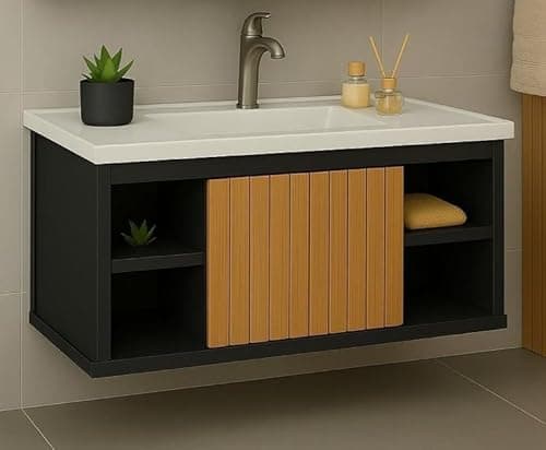 Conjunto Gabinete Cuba E Espelheira Para Banheiro Completo Com Nichos Porta Espelho (Preto/Ripado)