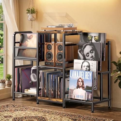 POKIPO Suporte para toca-discos com armazenamento de vinil, suporte para toca-discos comporta até mais de 300 álbuns, mesa de toca-discos de 3 níveis com suporte de exibição de 4 níveis, moldura de