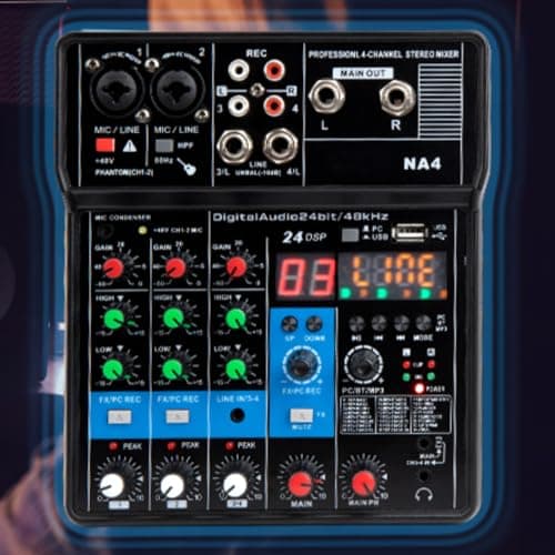 TEYUN Mixer de Áudio Profissional 4 Canais, Bluetooth, USB, Phantom Power 48V, Placa de Som Digital, Ideal para DJ, Podcast, Transmissões ao Vivo, Gravação e Música em Casa