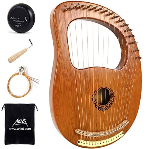 AKLOT Harpa de Lira, 16 Cordas de Aço, Mogno e Bordo, com Chave de Afinação e Bolsa Preta