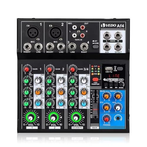 Mixer AF4 VEDO 4 canais com Bluetooth, Phantom Power 48V, USB Type-C e controle de EQ 3 bandas.
