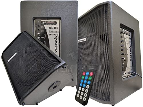 Caixas de som ativas 12' 250W Datrel, pretas, com controle remoto multicolorido.