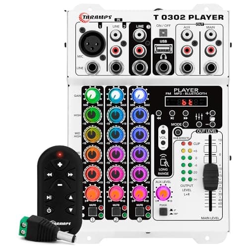 Mesa de Som Taramps T0302 Player, Bluetooth, Equalizador 4 Bandas, MP3, USB, FM, 12V, 3 Entradas, 2 Saídas, LED RGB