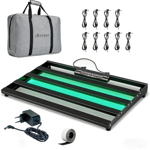 Pedalboard VEDO com iluminação verde neon, fonte de alimentação integrada, cabos e bolsa de transporte