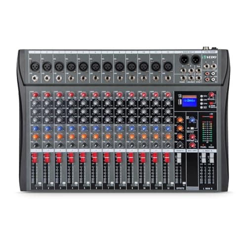 VEDO Mesa de som 12 canals, Small Stage Bluetooth USB MP3, entrada 48V Phantom Power DJ Audio Network Karaoke Mobile Live High Power Mixer Professional 12 Channel Studio Audio Mixer 110V/220V