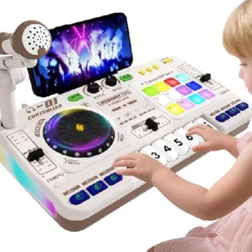 Brinquedo Eletrônico Infantil Mesa de DJ com Microfone, Piano e Luzes LED, Mixer Controlador DJ, Efeitos Sonoros e Música, Instrumento Musical Educativo, Presente de Aniversário para Crianças (Preto)