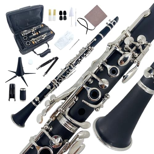 YoungMonic Bb Clarinete Preto Ebonite Body Silver Keys Kit Completo para Iniciantes com Bolsa Rígida e Ferramentas de Cuidados Fácil de Aprender, Som Rico para Principiantes e Adultos Prática (q1)
