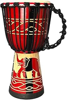 Tambor Djembe esculpido à mão com pele de cabra, vermelho e amarelo, elefante pintado