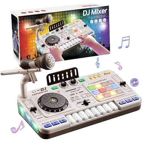Brinquedo Eletrônico Infantil Mesa de DJ com Microfone, Piano e Luzes LED, Mixer Controlador DJ, Efeitos Sonoros e Música, Instrumento Musical Educativo, Presente de Aniversário para Crianças (Branco)