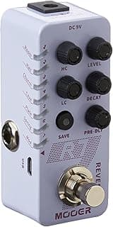 Pedal de guitarra branco Moeger Reverb R7 com botões de controle e entrada USB