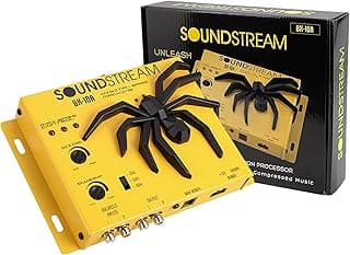 Processador de áudio Soundstream BX-10X amarelo com design de aranha, caixa preta ao lado.