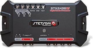 Processador de Áudio Bluetooth Stetsom STX2436, processador de áudio digital, entrada e saída de áudio, conectores de metal, etiqueta vermelha e branca.