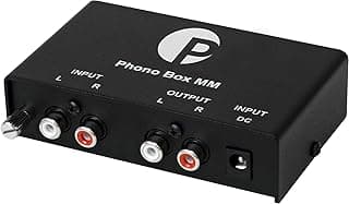 Pré-amplificador phono Pro-Ject Phono Box MM, preto, com entradas e saídas RCA e botão de ajuste.