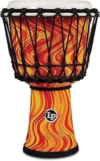 Djembe Latin Percussion World Collection com design em vermelho e amarelo, logo LP