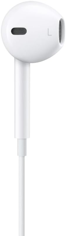 Close-up fone Apple EarPods branco esquerdo com malha protetora e design ergonômico