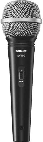 Microfone Shure SV100 preto dinâmico com botão liga/desliga e grade prateada