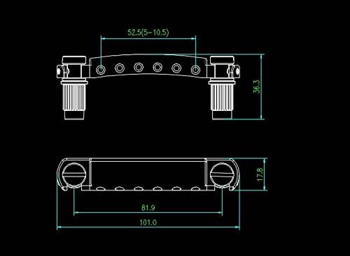 Desenho técnico com medidas da ponte Guyker Tune-O-Matic para guitarra preta